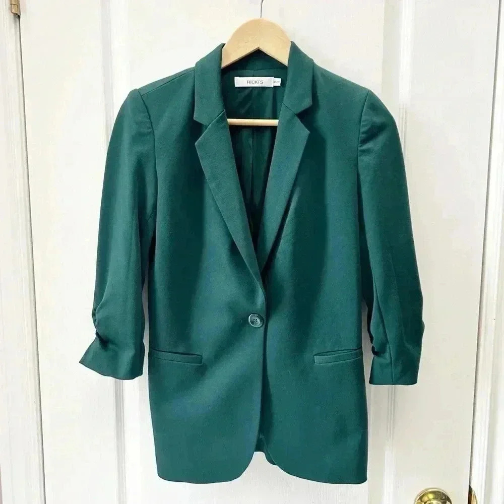 Ricki’s  Blazer Ponte Knit 3/4 Ruched Sleeves Single Breasted Forest Green XS - Picture 5 of 12